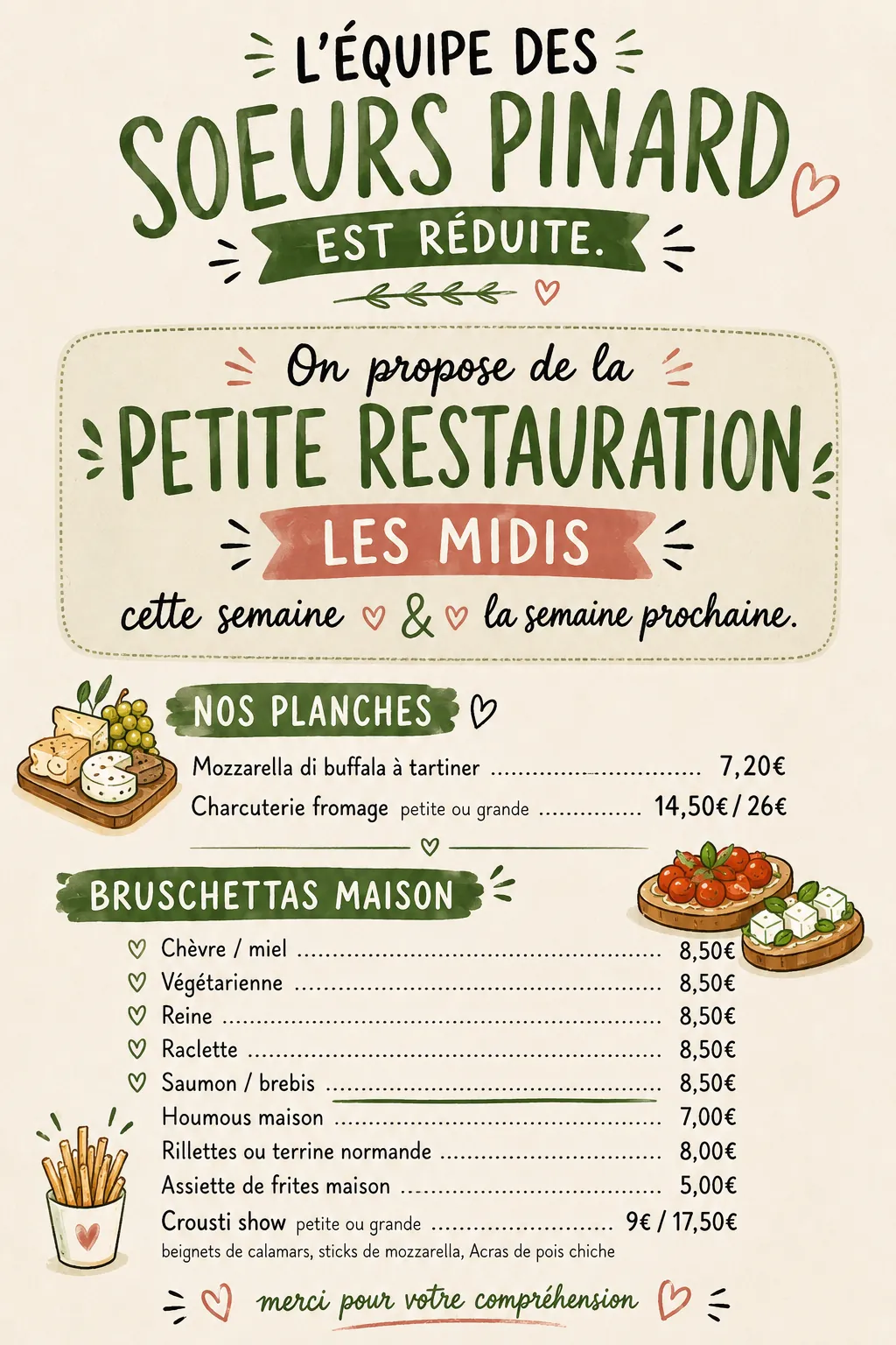 Affiche de la petite restauration servie le midi aux Sœurs Pinard à Lisieux : planches, bruschettas maison et petites choses à partager