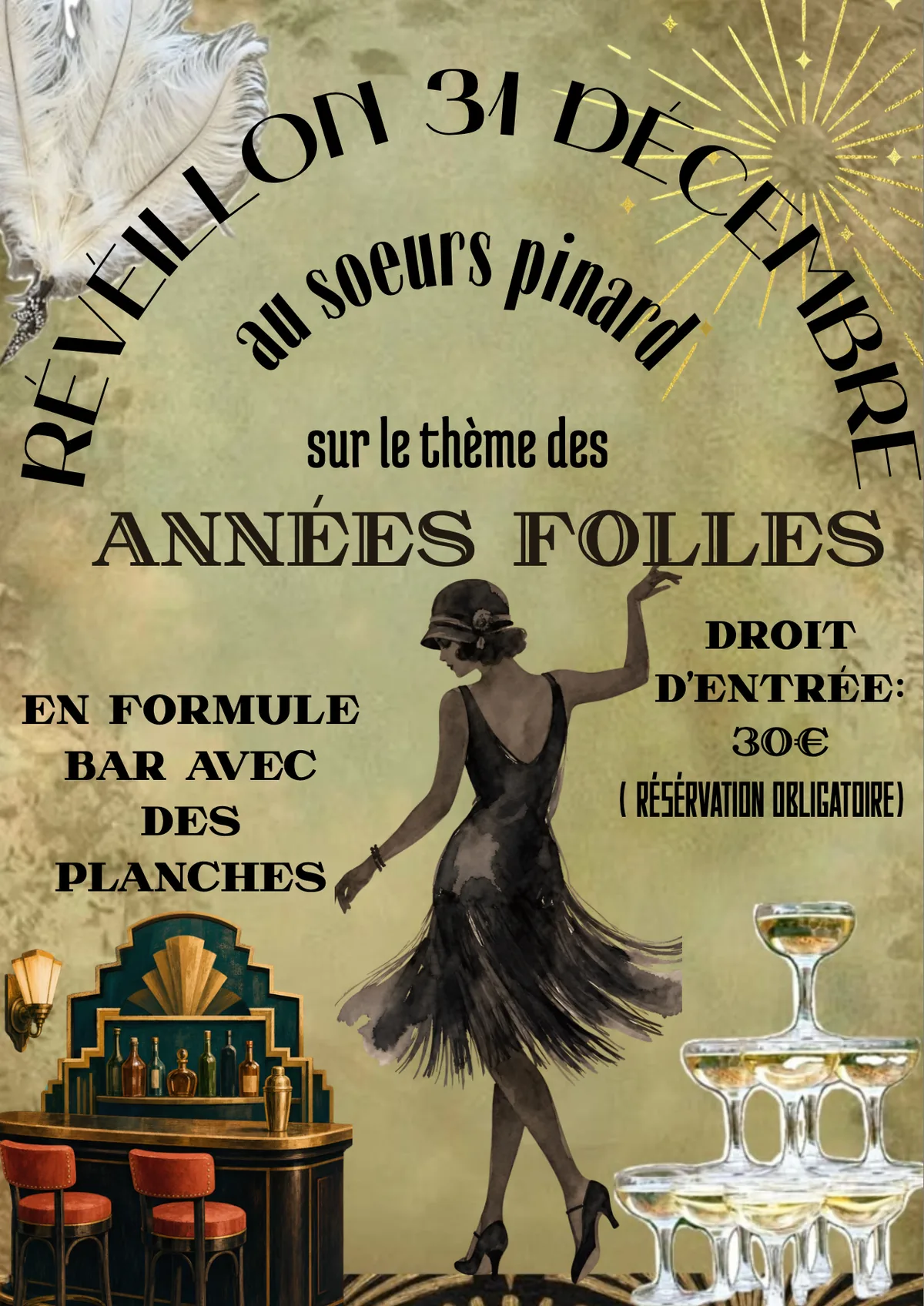 Affiche officielle du réveillon du 31 décembre aux Sœurs Pinard, sur le thème des Années Folles : en formule bar avec des planches, droit d'entrée 30 €, réservation obligatoire